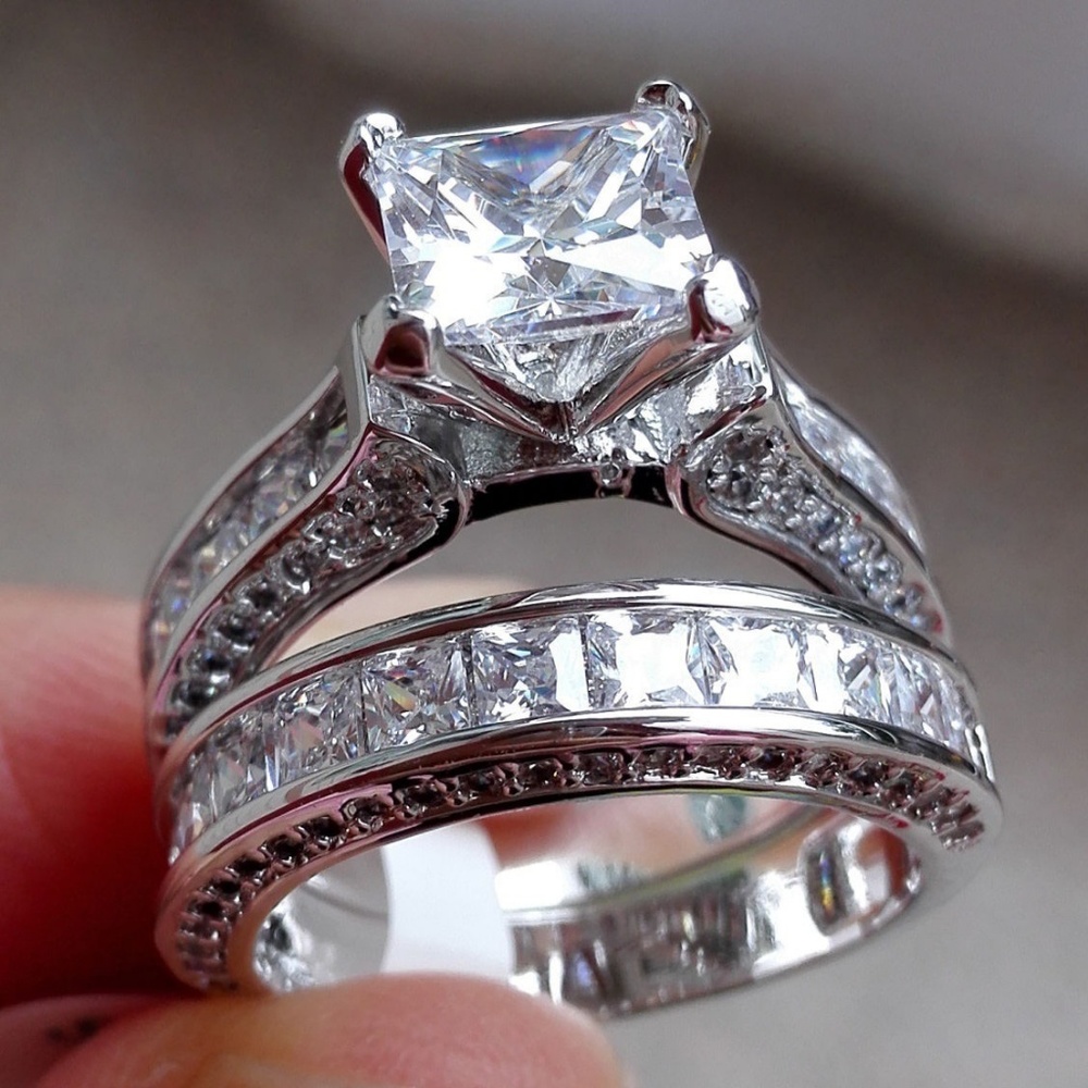 2PC 925 Sterling Silver Princess Cut Diamond Ring - Picture 3 of 6